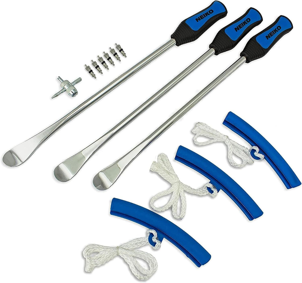 NEIKO front packaging showing complete tire spoon and valve tool kit, protects wheels