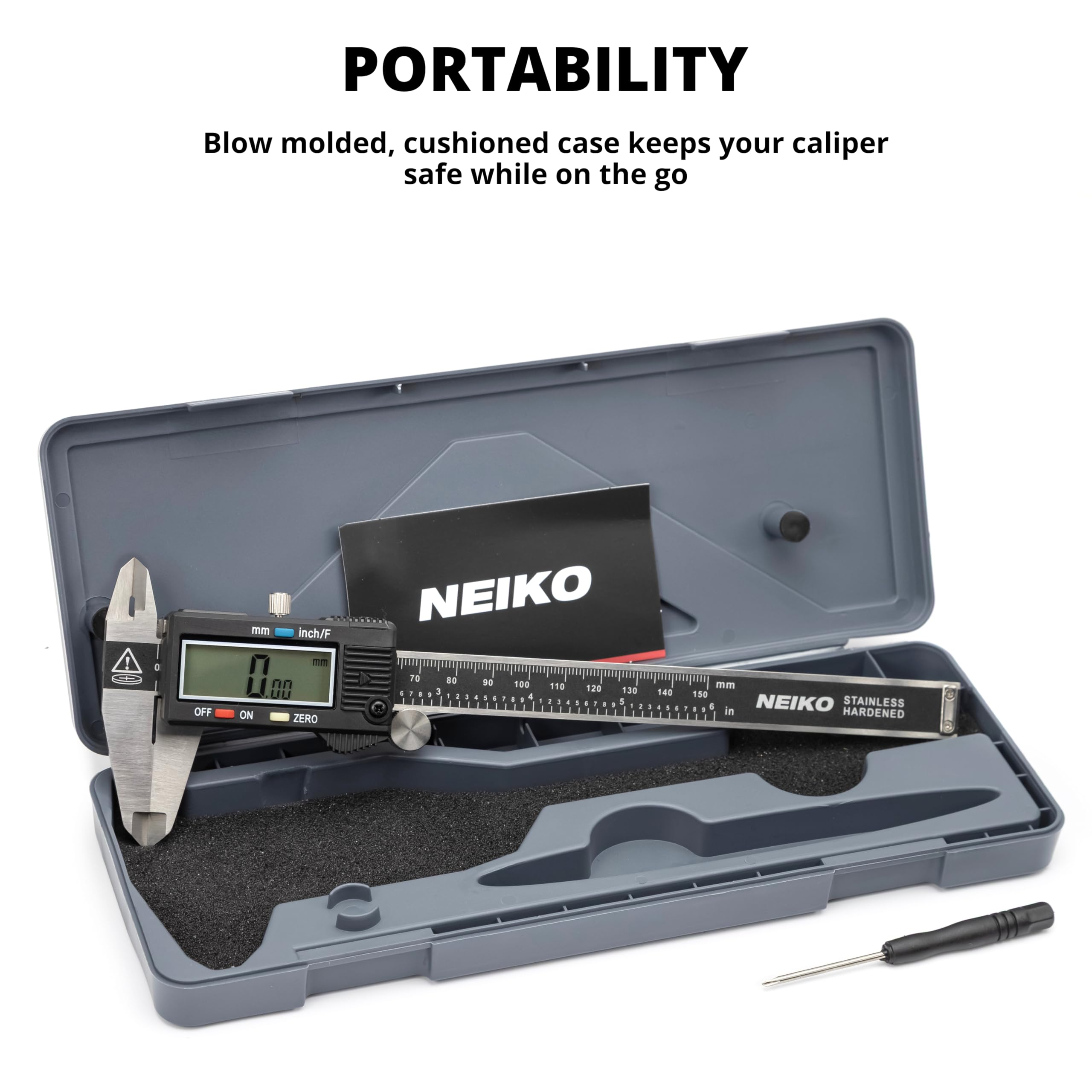 NEIKO caliper in case storage demonstrating protective gray case for safe transport
