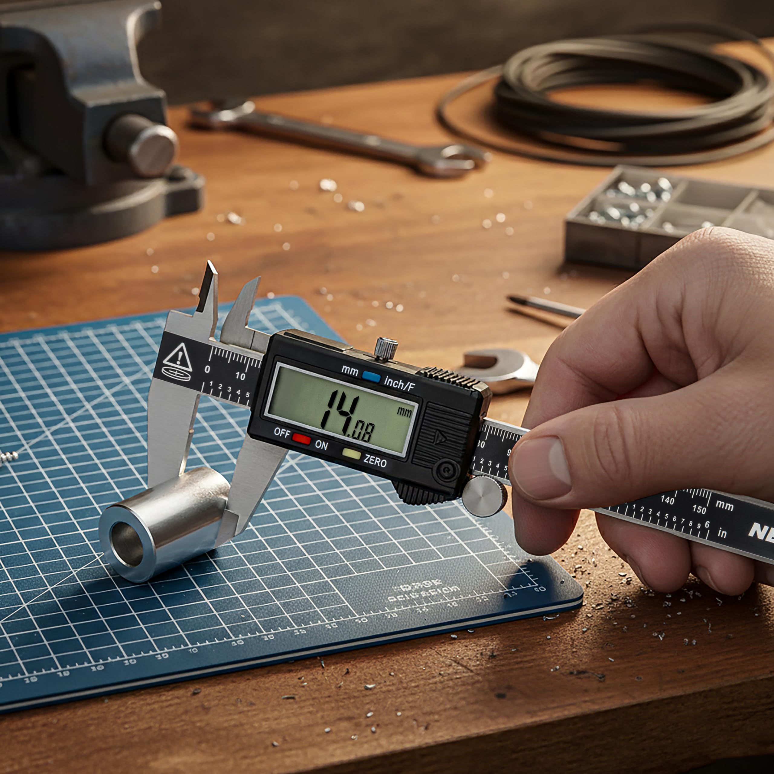 NEIKO caliper in use measuring metal rod to show practical workshop application