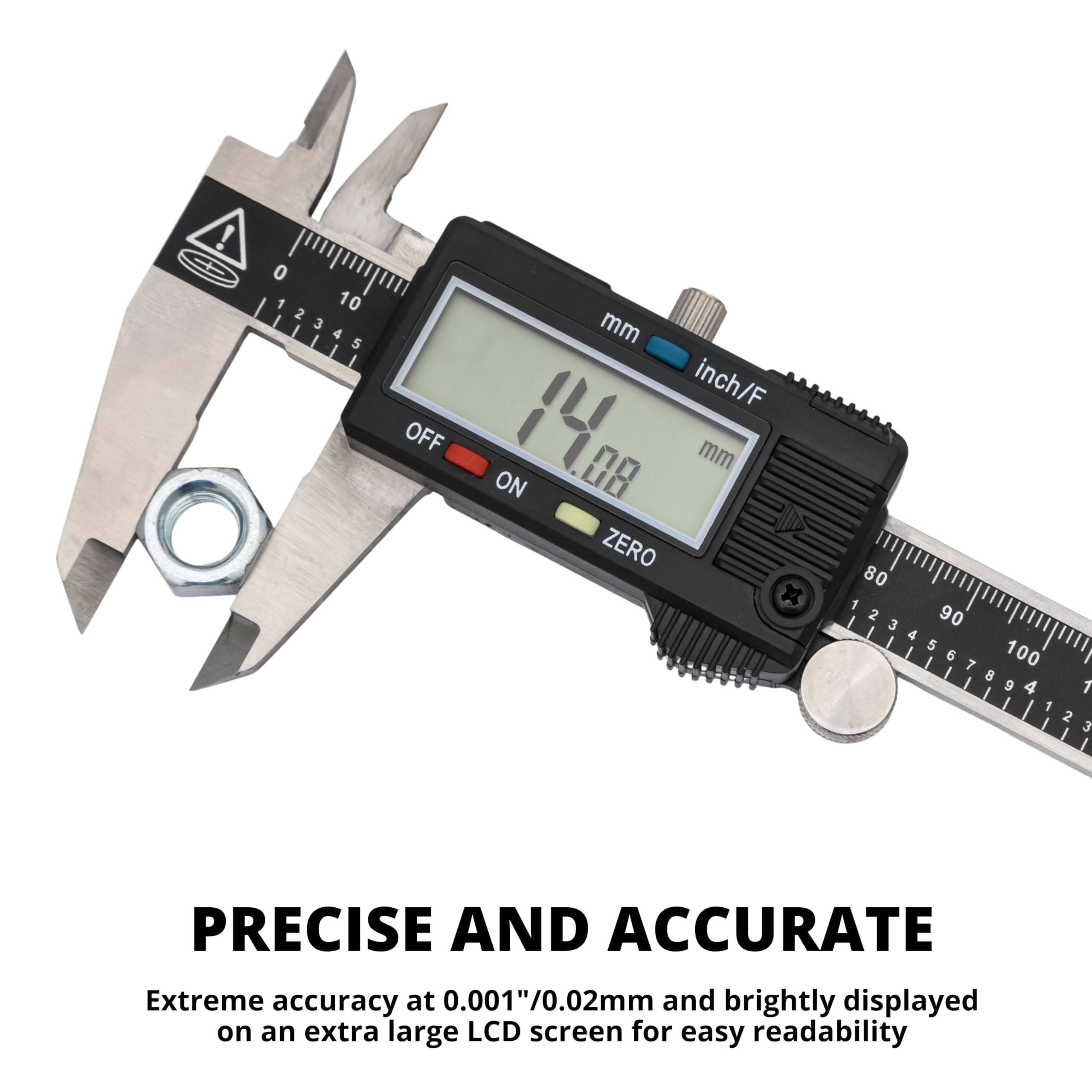 NEIKO caliper large LCD closeup for fast, easy-to-read measurements on jobsite