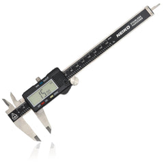 NEIKO digital caliper front view showing full stainless-steel body and display for durability