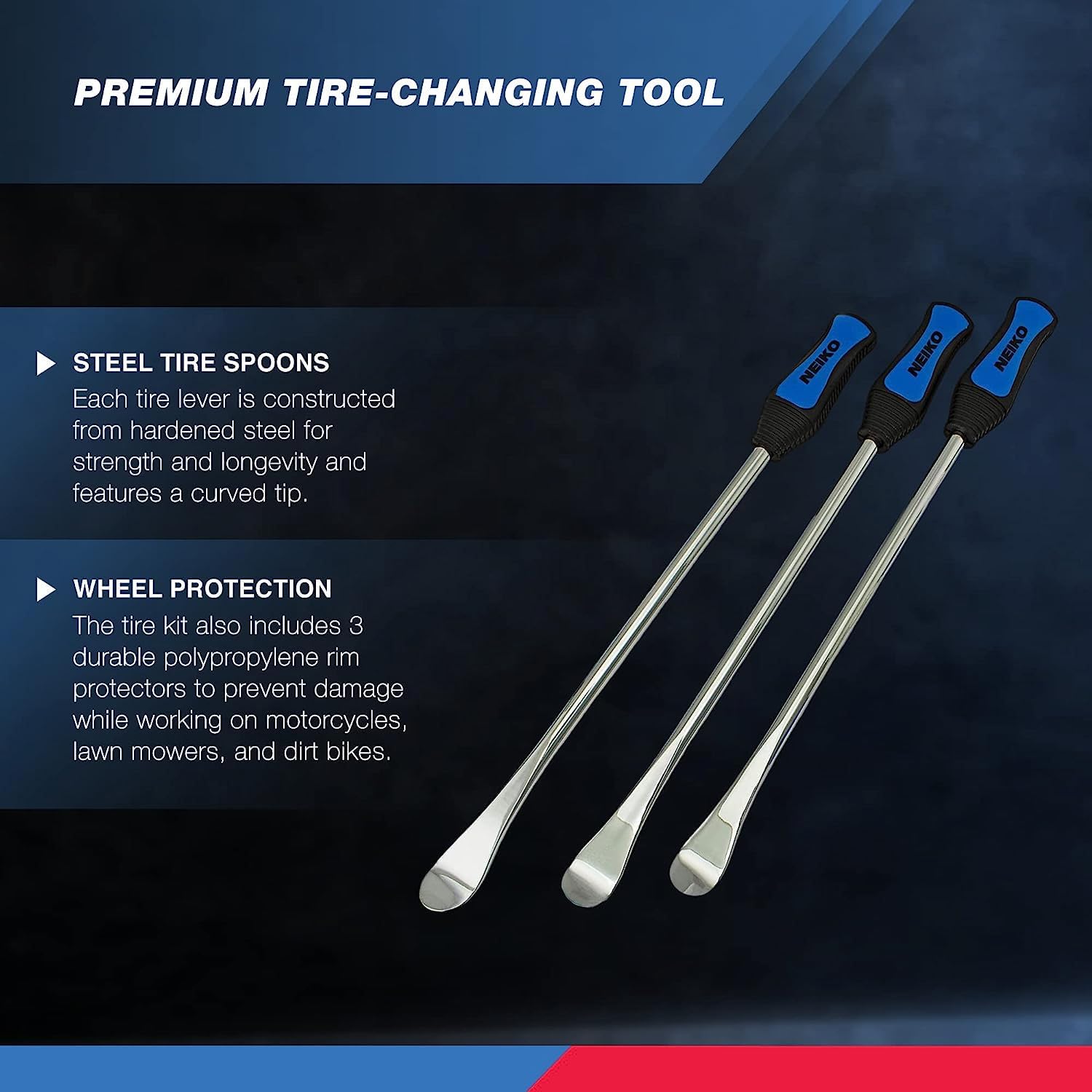 NEIKO close-up of tire spoon curved tip and rubberized handle, for reliable leverage