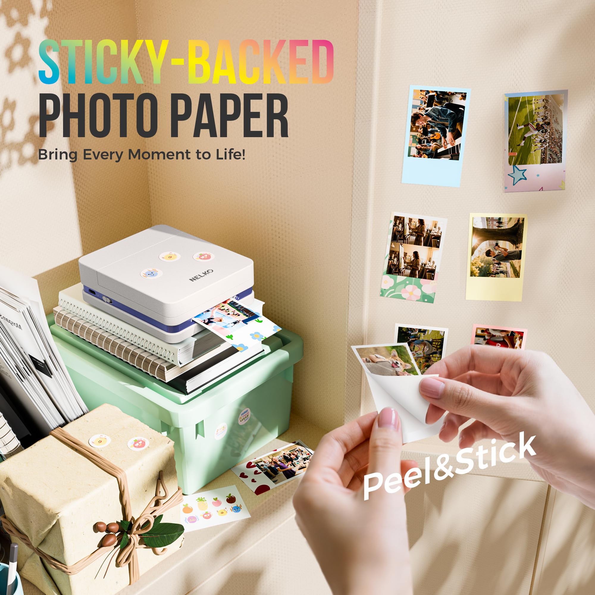 Nelko photo being peeled from backing illustrating easy adhesive removal