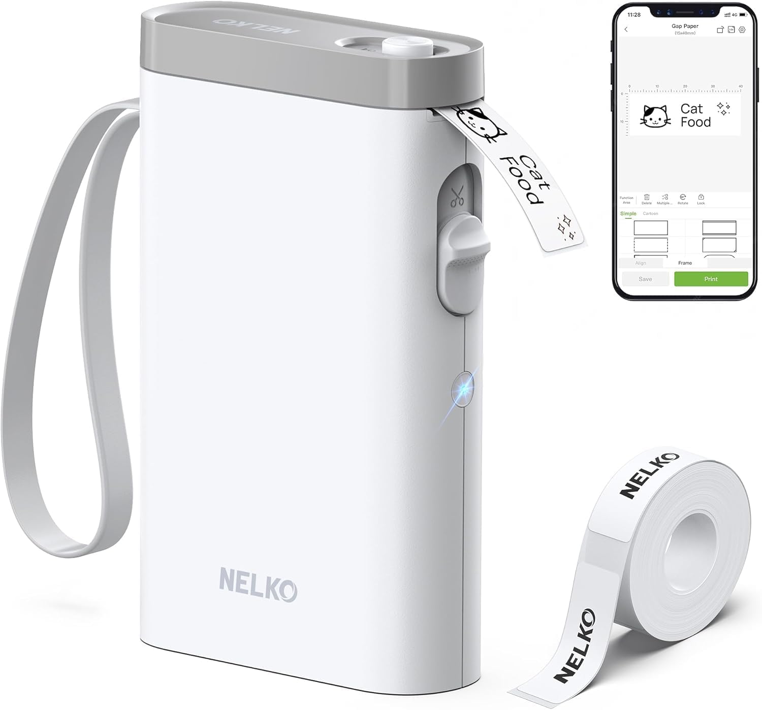 Nelko P21 front view showing clean white housing and control buttons for easy labeling