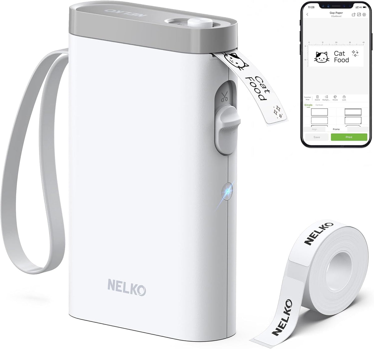 Nelko P21 front view showing clean white housing and control buttons for easy labeling