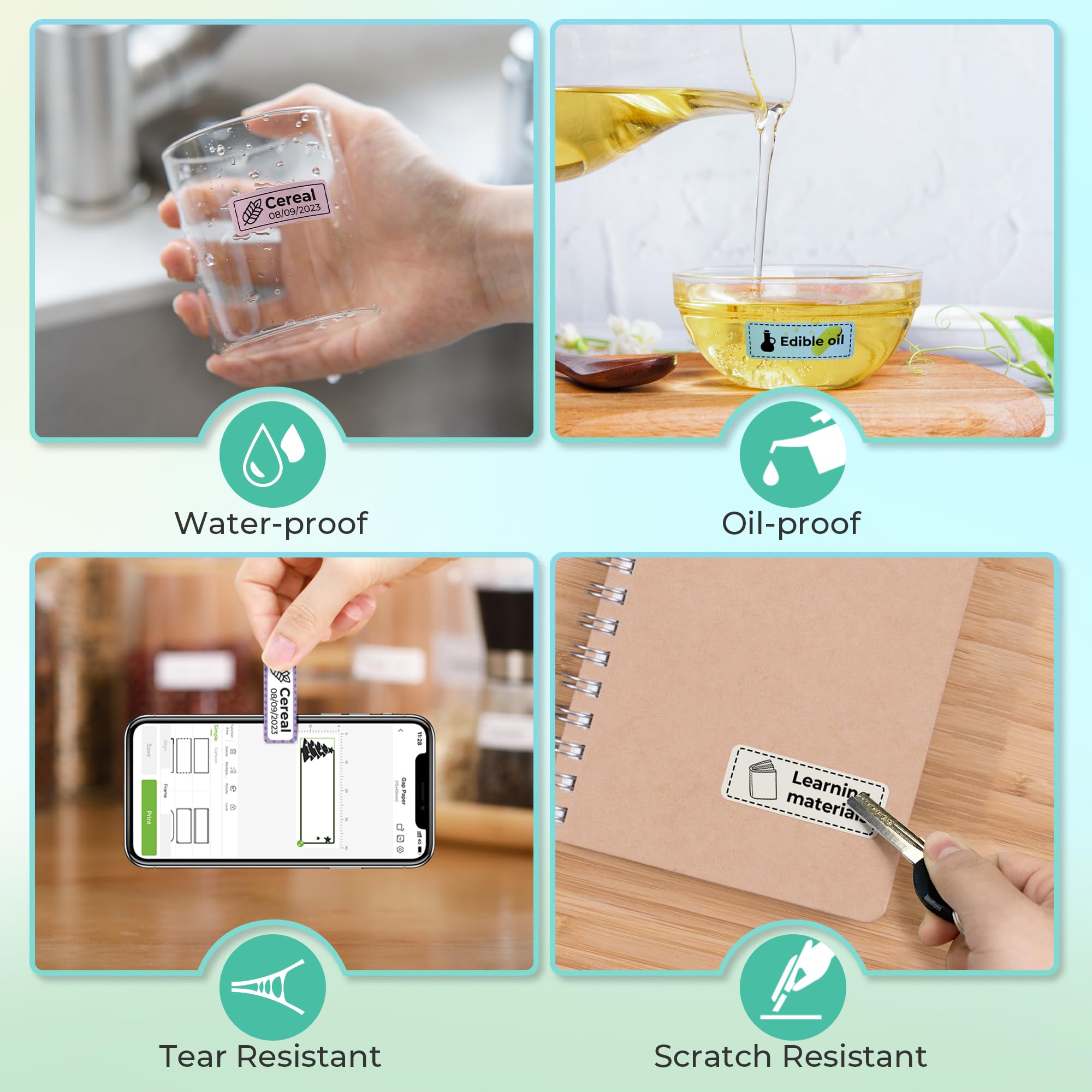 Nelko labeled glass jars in kitchen scene showing waterproof labels for organized pantry benefit
