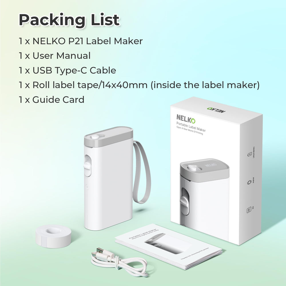 Nelko P21 next to a hand showing scale and portability for on-the-go labeling convenience