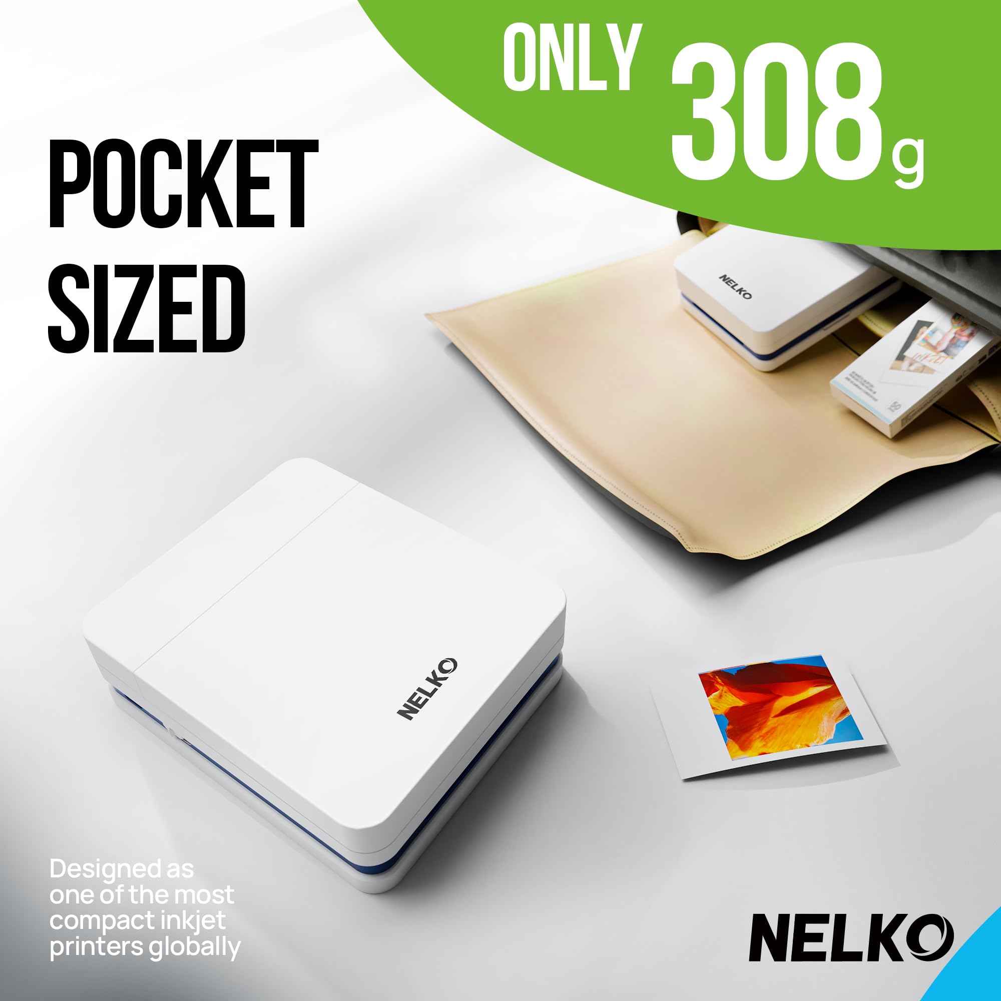 Nelko PP01 beside smartphone to show scale and travel-friendly size for on-the-go printing
