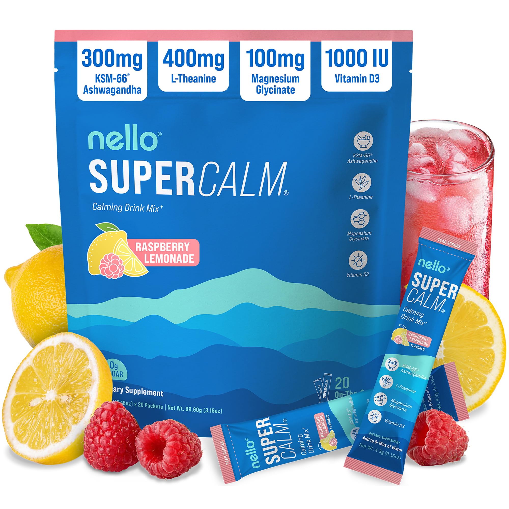 Nello front packaging showing raspberry lemonade flavor and benefits