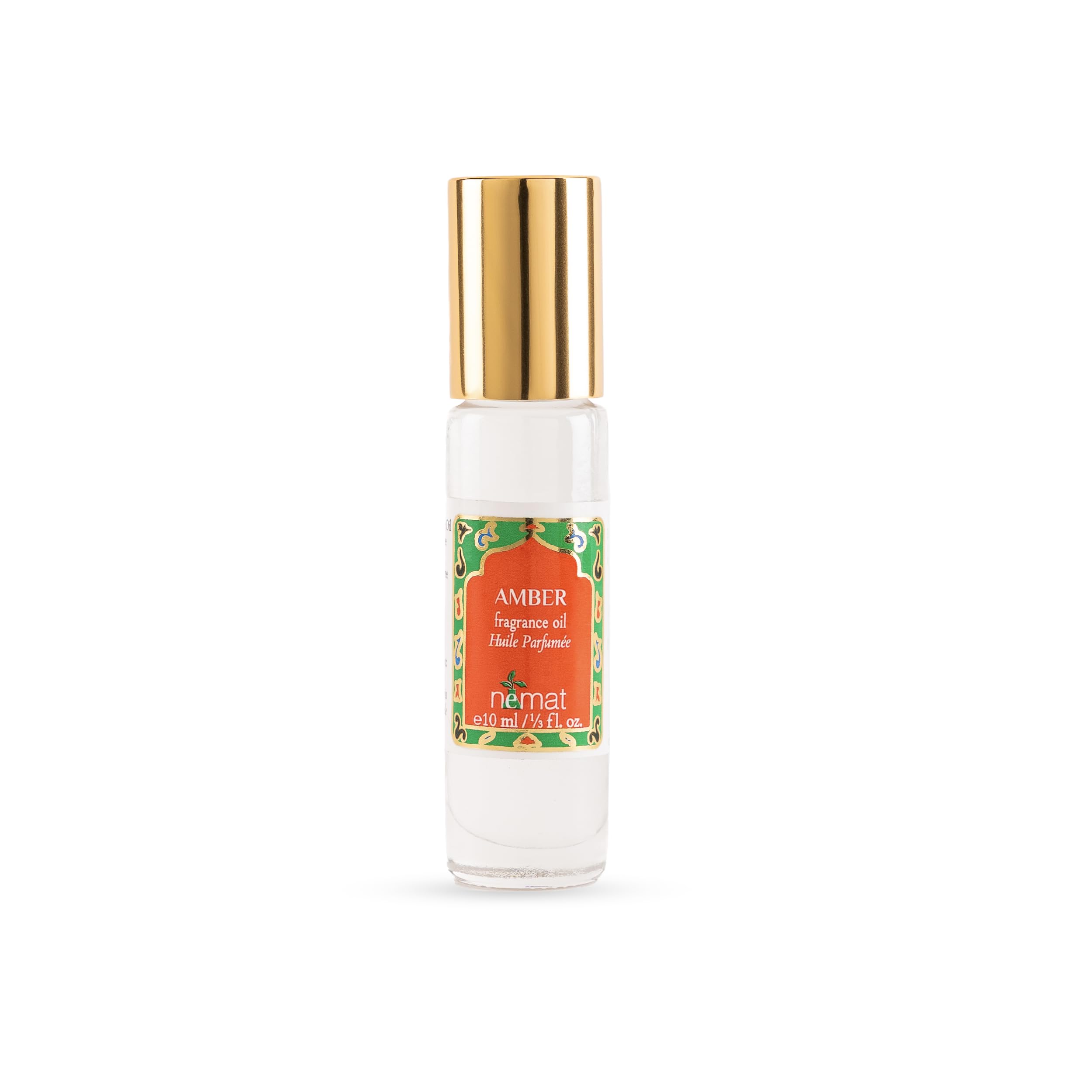 Nemat amber roll-on front bottle showing compact travel-friendly design and lasting scent