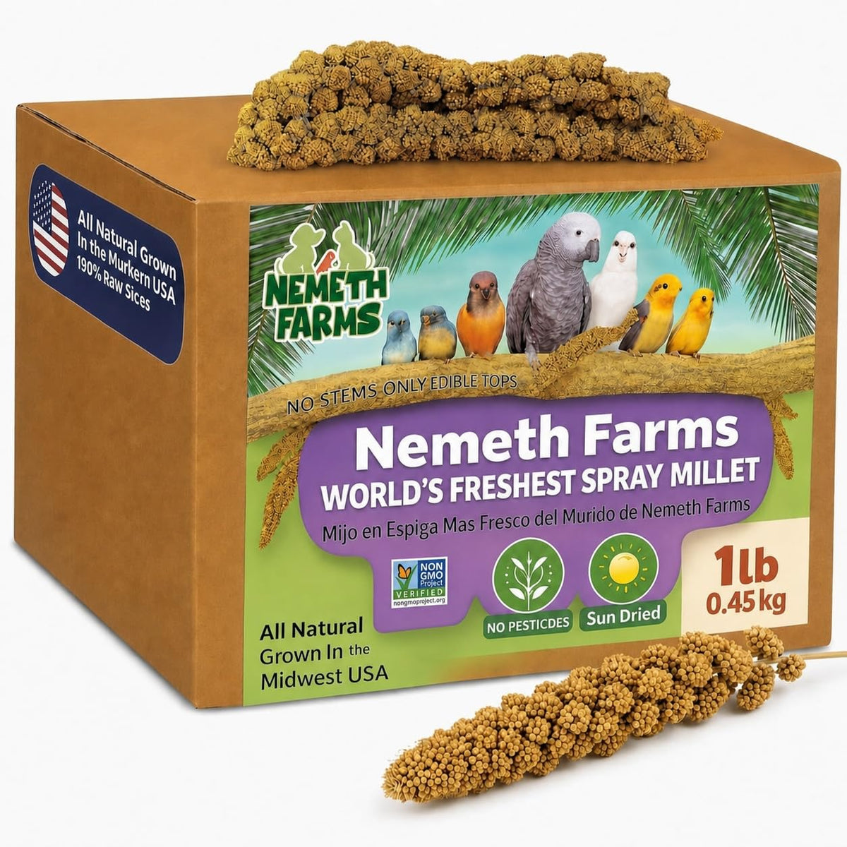 Nemeth Farms front packaging of spray millet showing clear 1 lb bag and label benefits