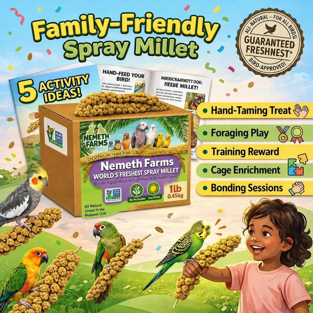 Nemeth Farms spray millet hung in a birdcage encouraging natural pecking and activity