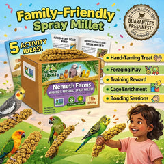 Nemeth Farms spray millet hung in a birdcage encouraging natural pecking and activity