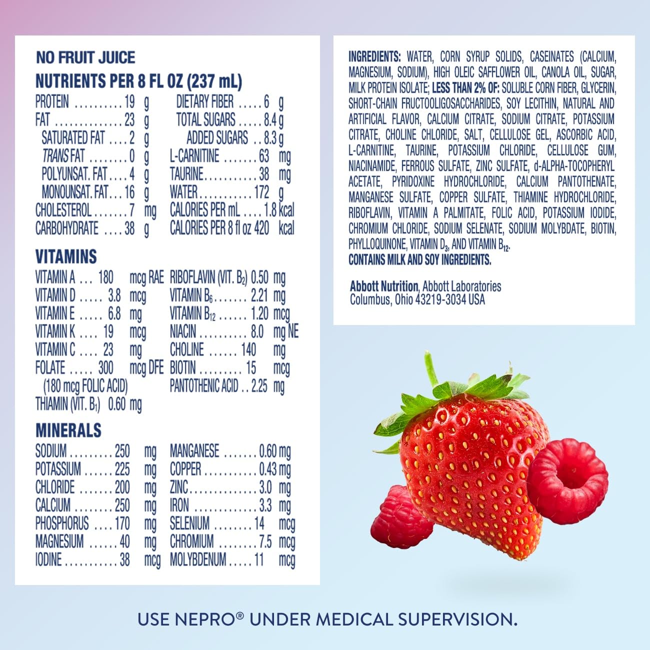 Nepro label closeup highlighting ingredients and dialysis‑focused nutrients