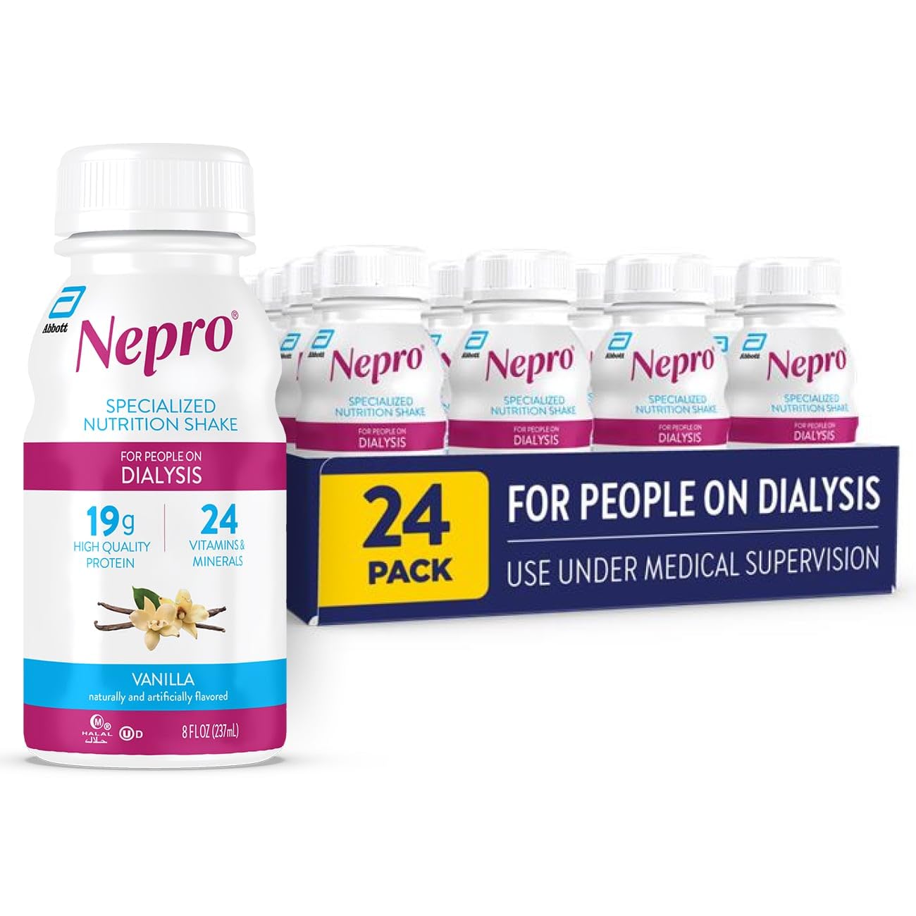 Nepro front pack showing vanilla bottle and 24 count for convenient nutrition