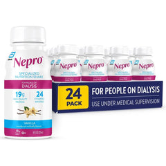 Nepro front pack showing vanilla bottle and 24 count for convenient nutrition