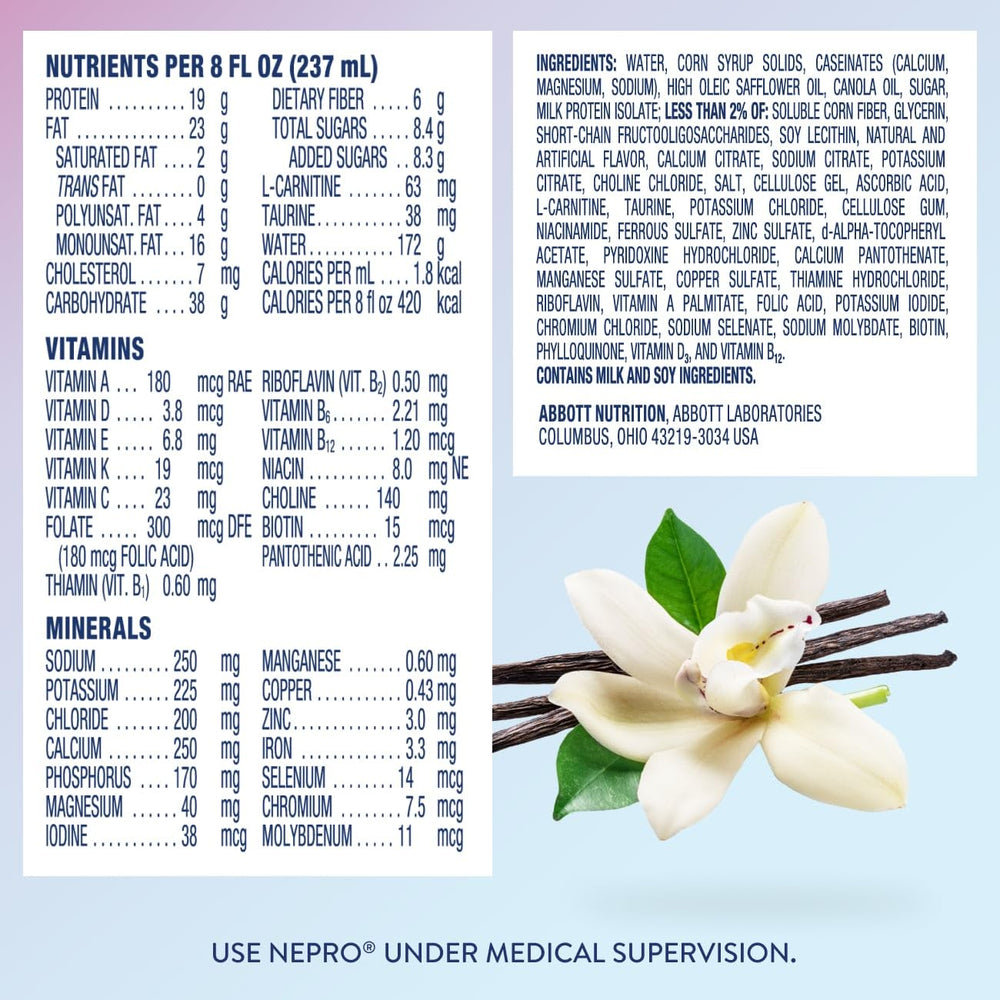 Nepro nutrition label closeup showing calorie and protein amounts for clarity