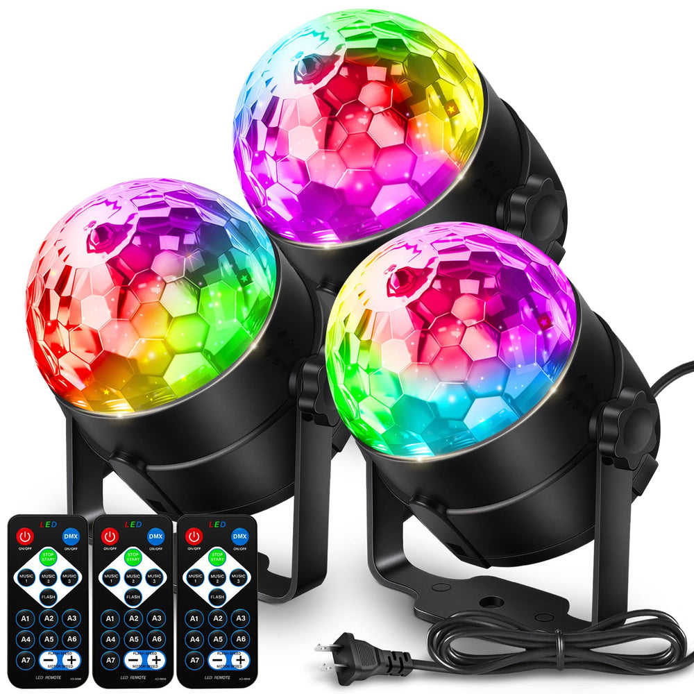 NEQUARE front view of three disco ball lights showing compact design and colorful LEDs benefit ambiance