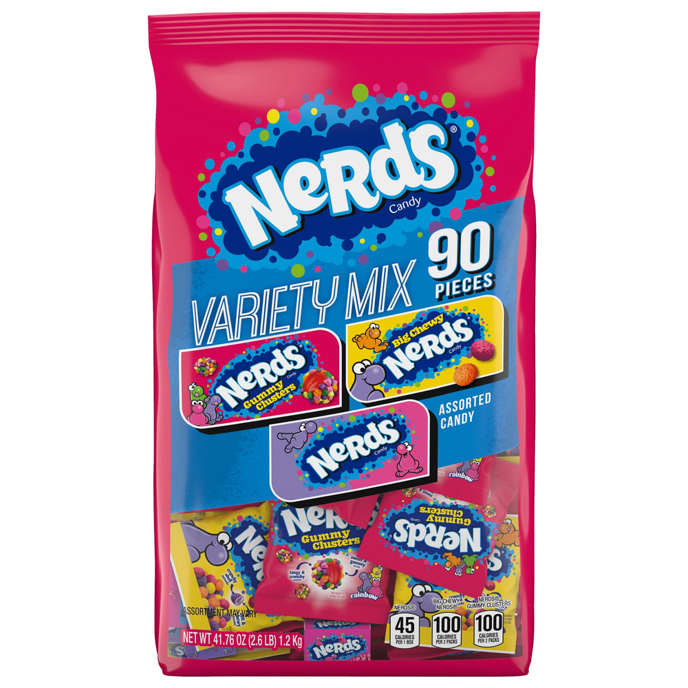 NERDS front packaging showing 90-count bulk assortment and brand badge, clear gifting appeal