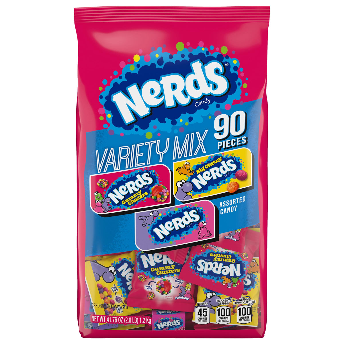 NERDS front packaging showing 90-count bulk assortment and brand badge, clear gifting appeal