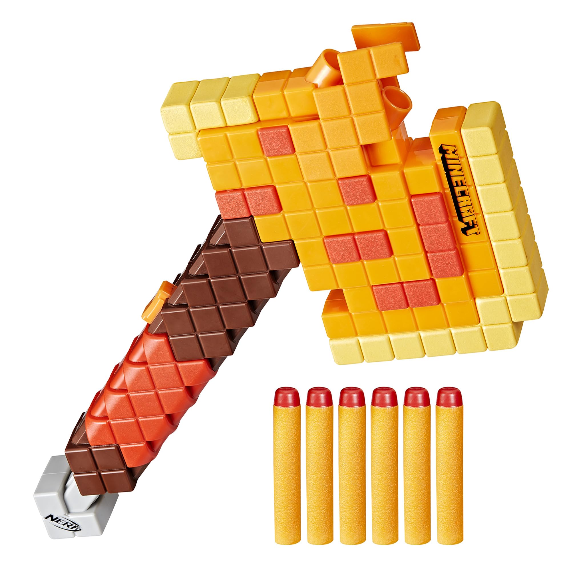 NERF Firebrand front view showing axe-shaped blaster and pixelated Minecraft styling for immersive play