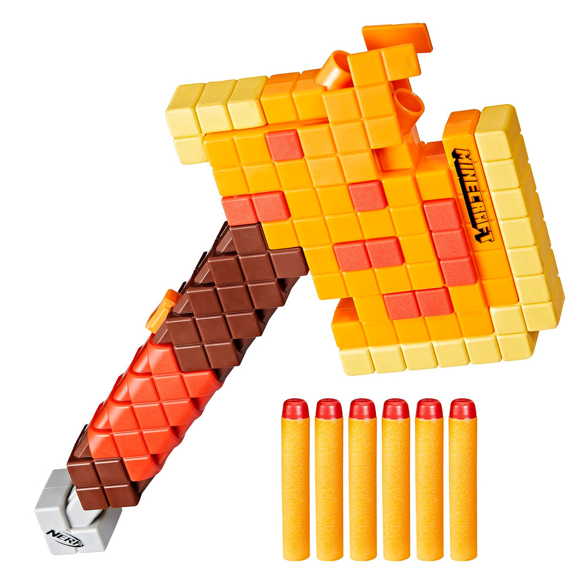 NERF Firebrand front view showing axe-shaped blaster and pixelated Minecraft styling for immersive play