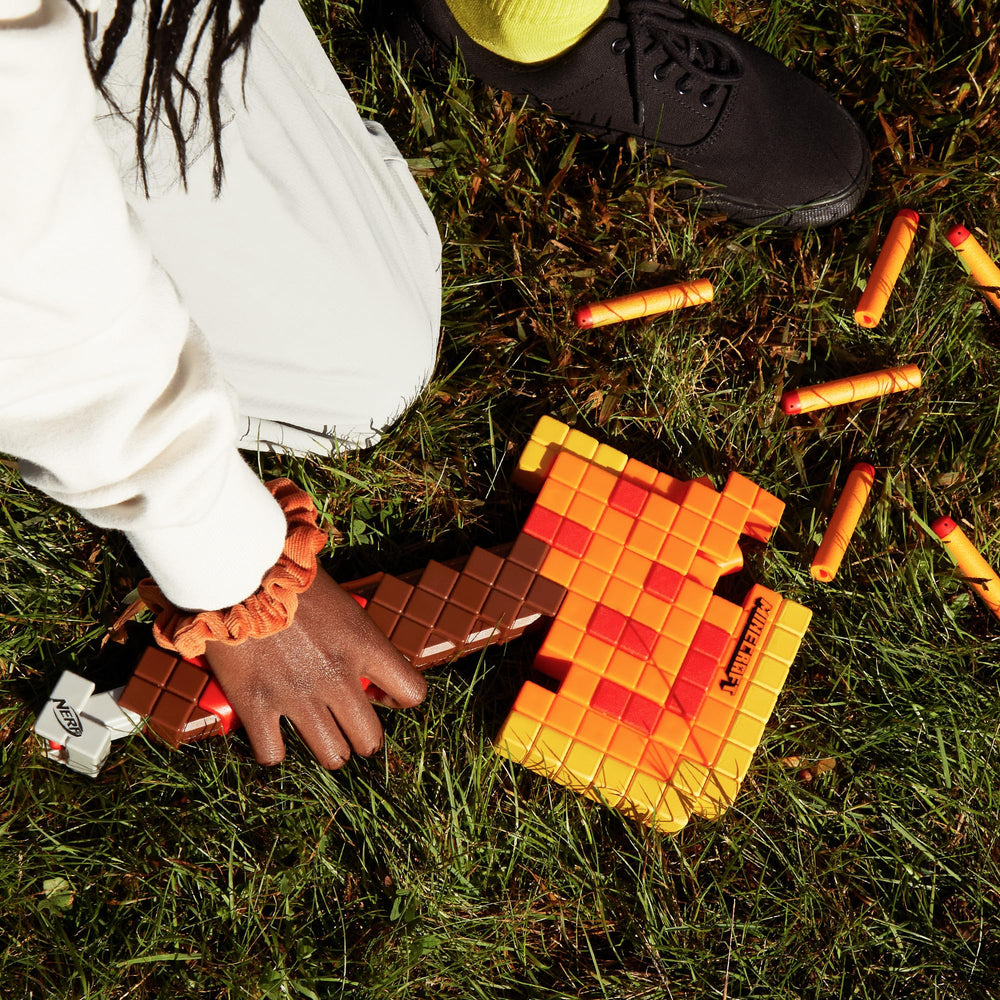 NERF Firebrand label and design shot emphasizing Minecraft: Dungeons-inspired visual authenticity
