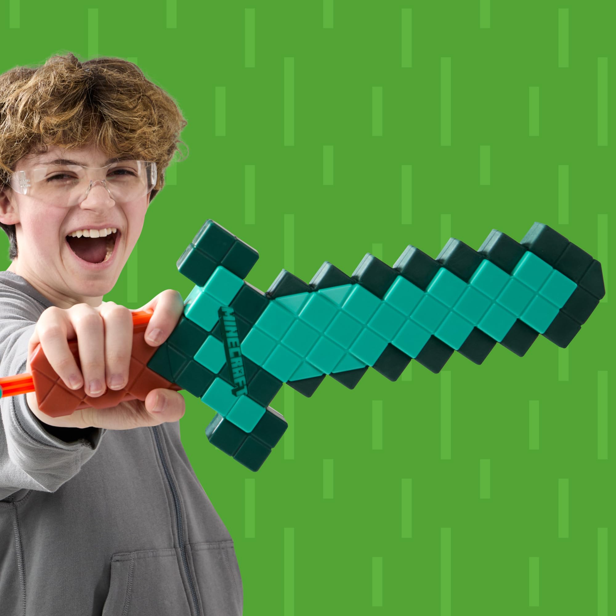 Child using Nerf Minecraft sword outside demonstrating active backyard fun