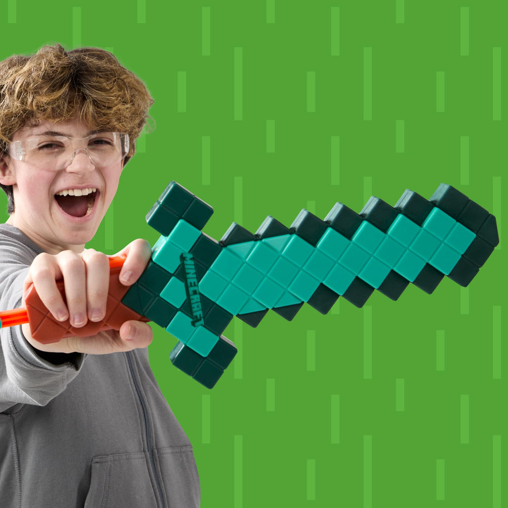Child using Nerf Minecraft sword outside demonstrating active backyard fun