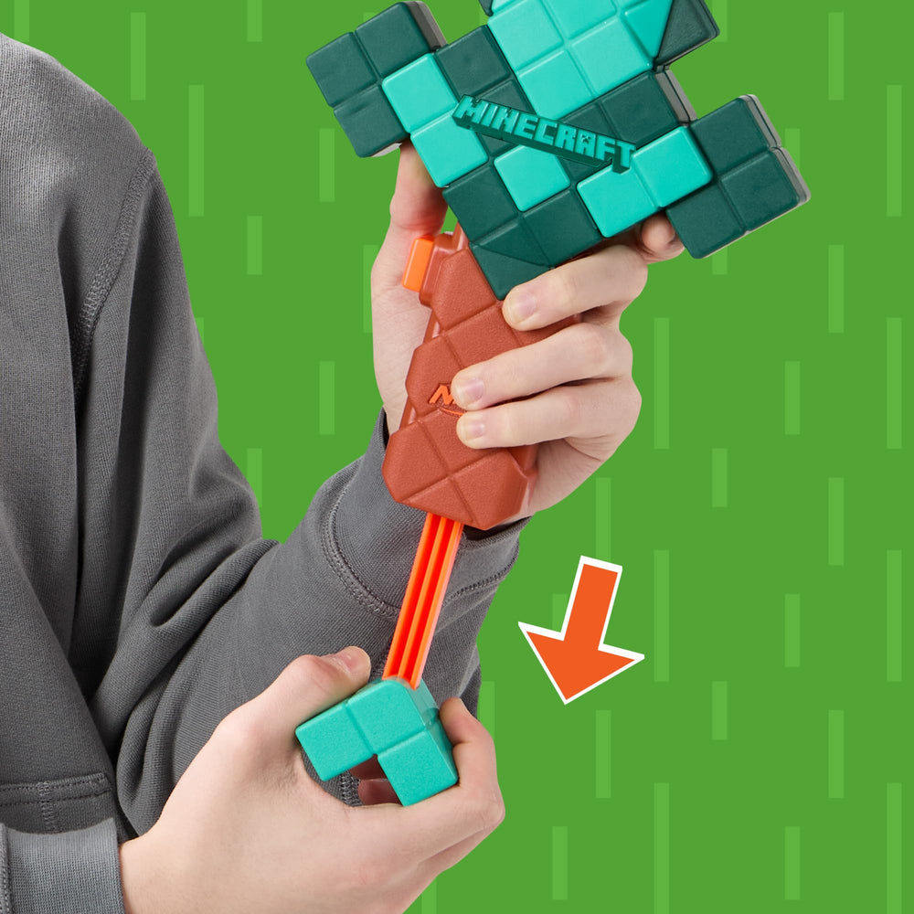 Nerf Minecraft priming handle detail showing pull-back action and easy reload
