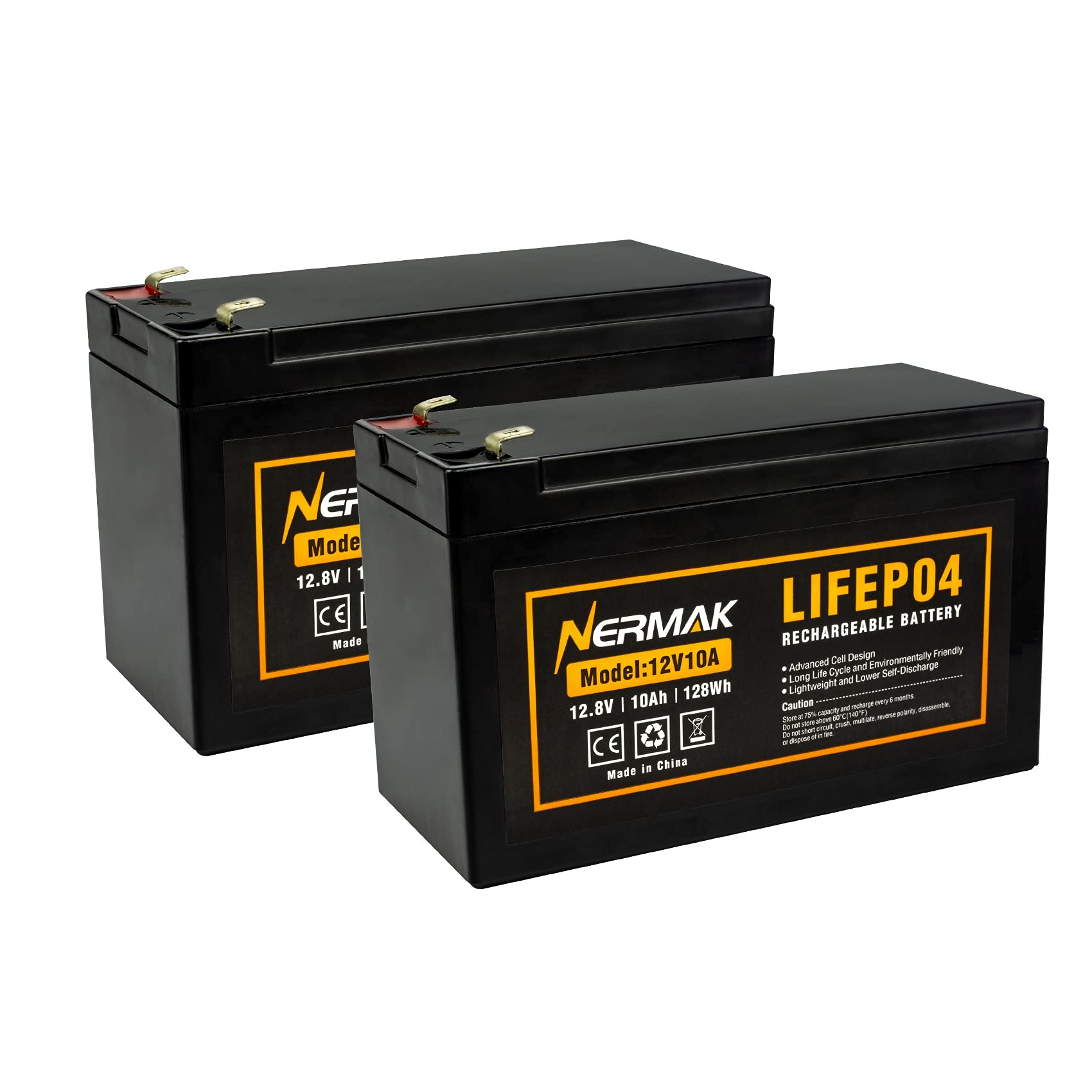 NERMAK front packaging showing two 12V 10Ah batteries and compact benefits