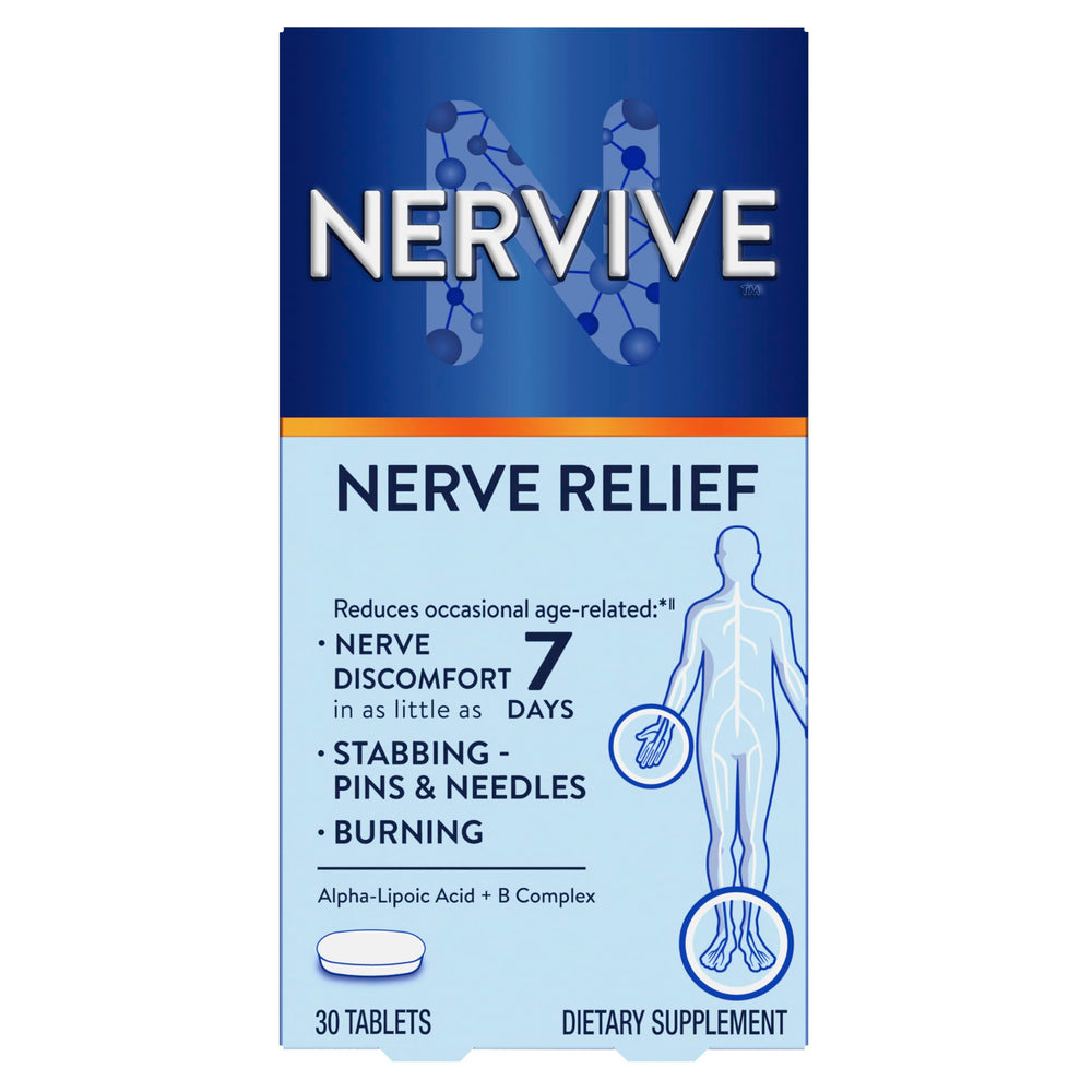 Nervive front packaging showing product name and tablet count, clear benefit information