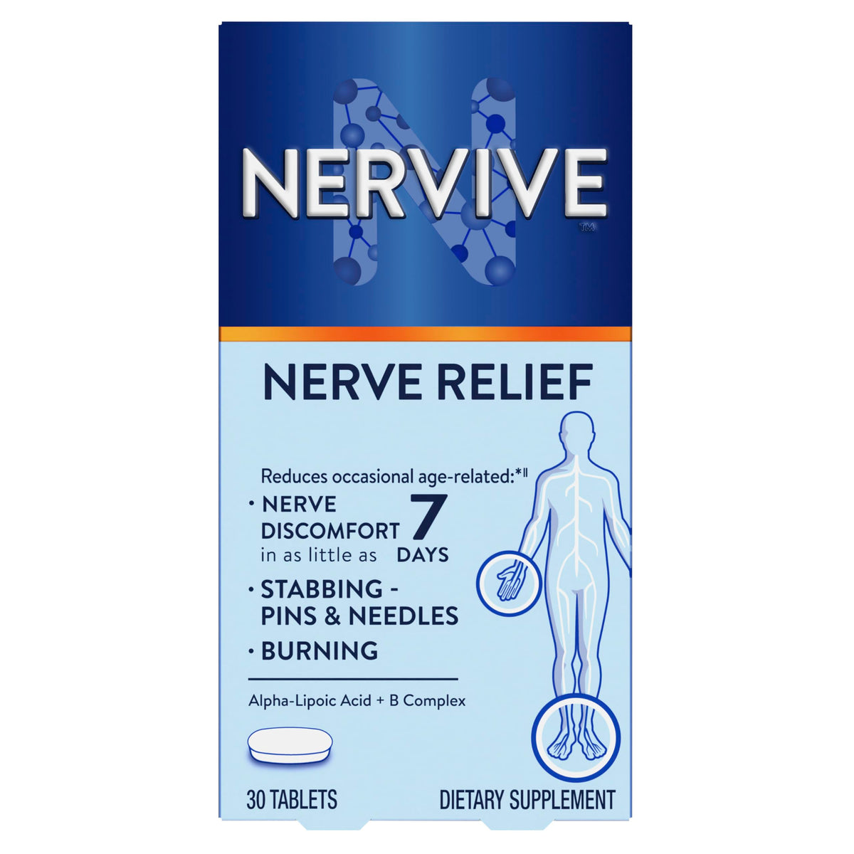 Nervive front packaging showing product name and tablet count, clear benefit information
