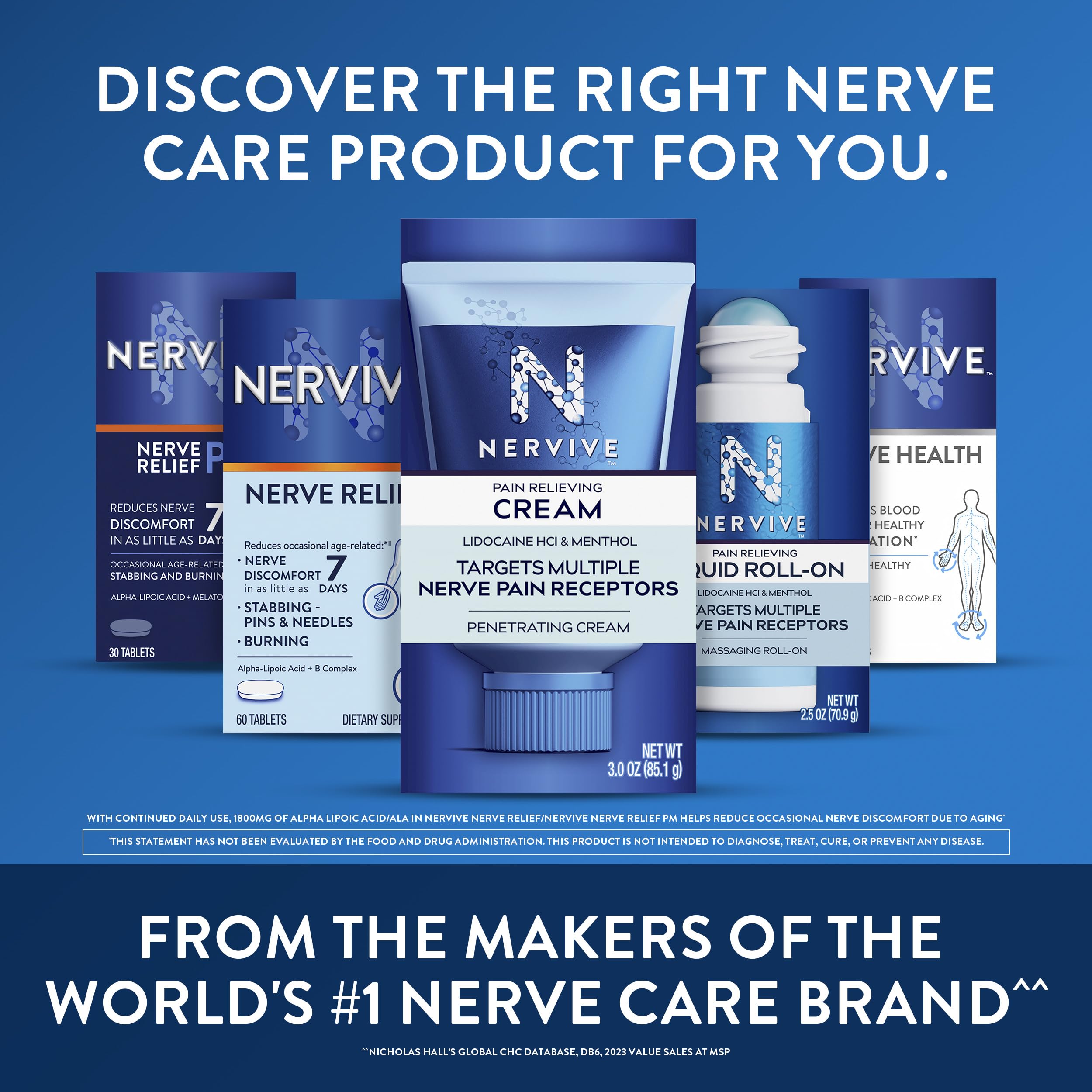 Nervive tablets next to a dosing cup illustrating serving size