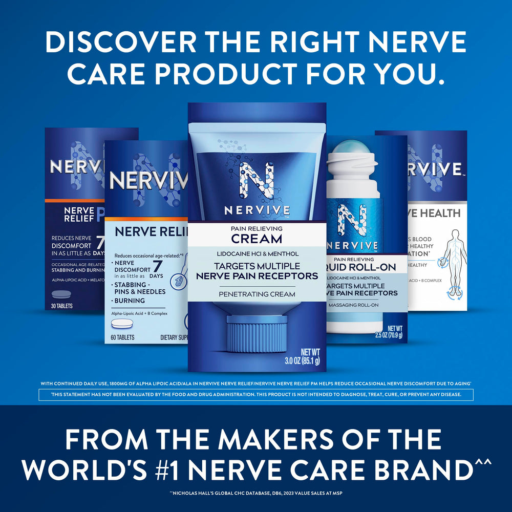 Nervive tablets next to a dosing cup illustrating serving size