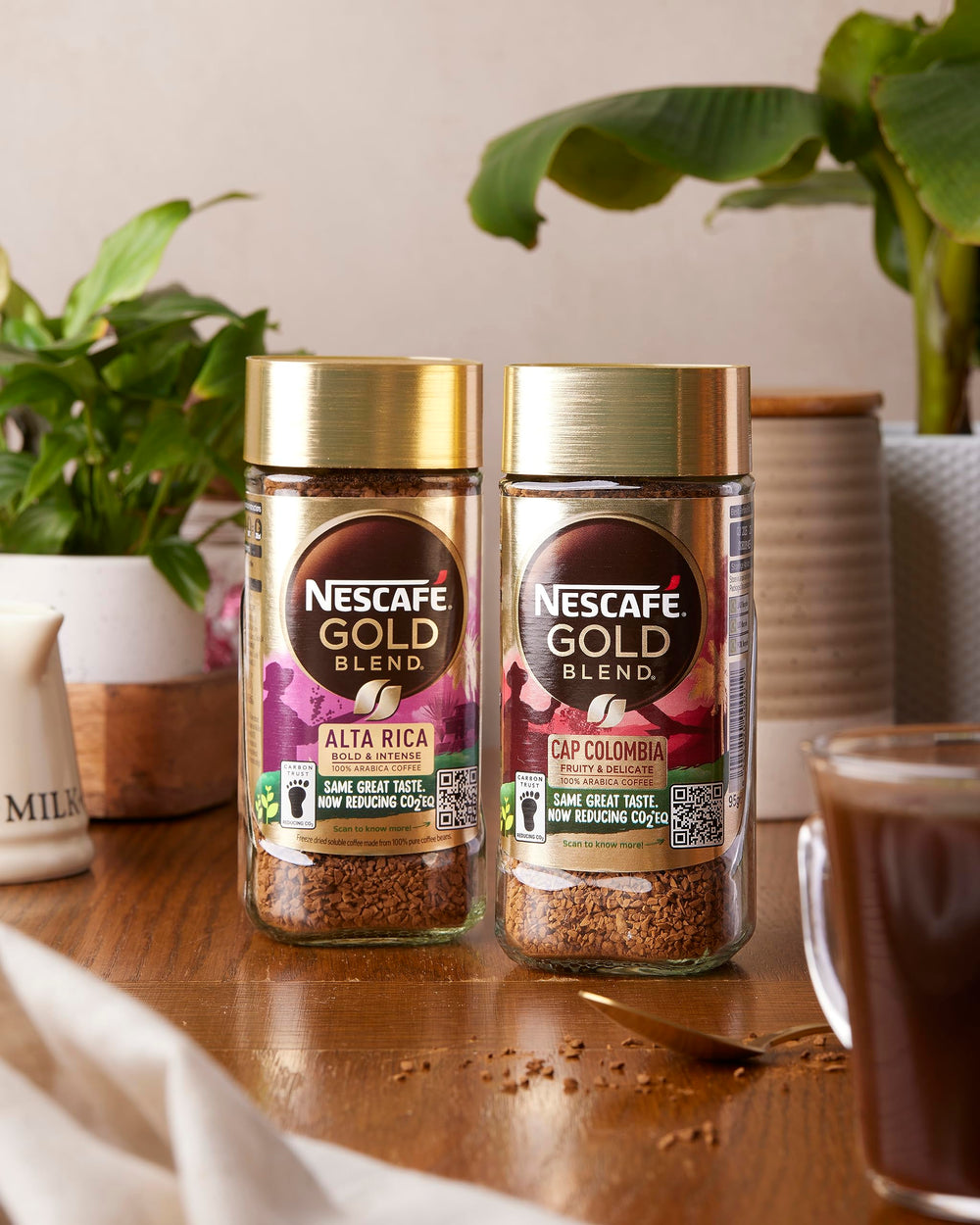 Pouring Nescafe into mug demonstrating quick mixability and convenience