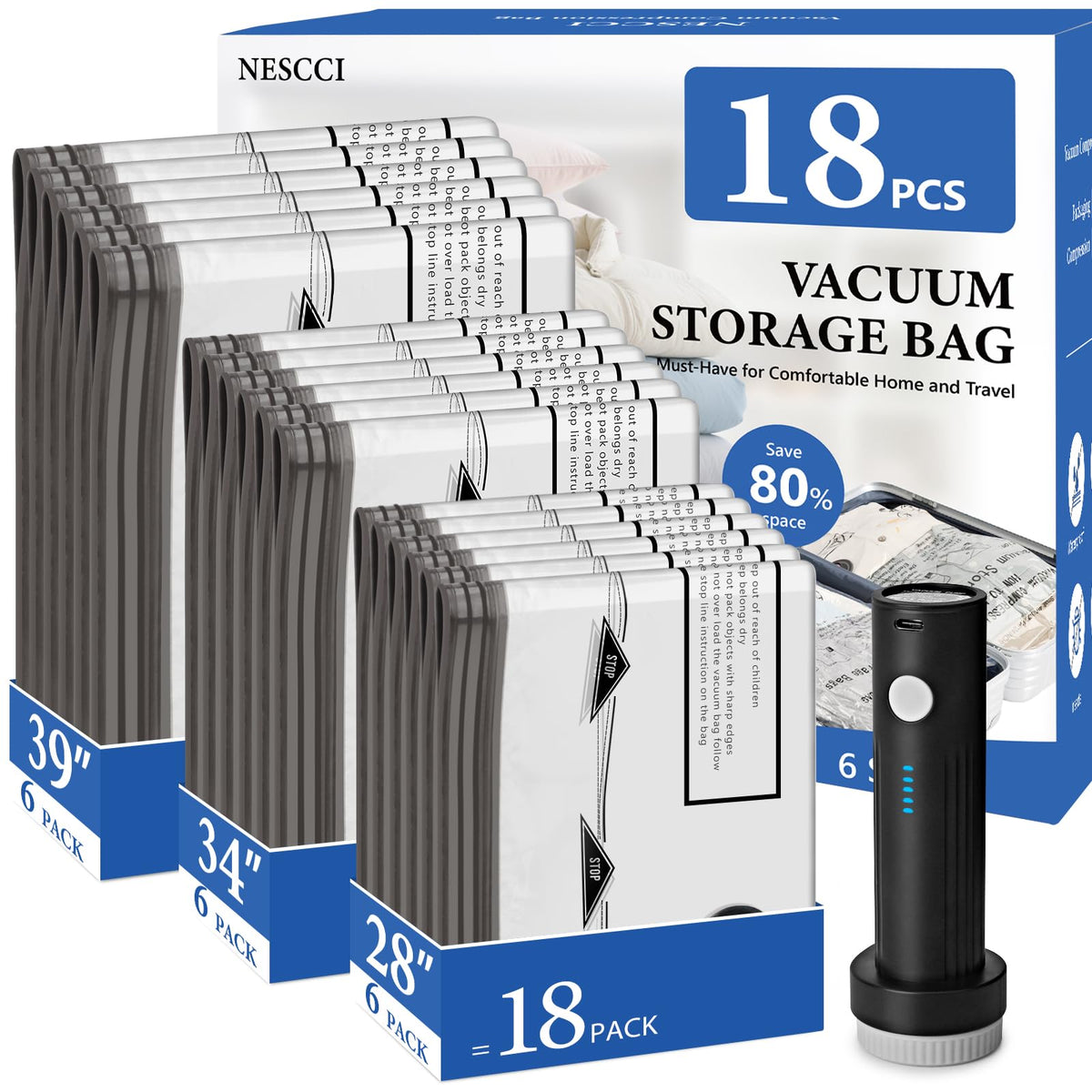 NESCCI front packaging showing 18 pack and rechargeable pump for easy packing