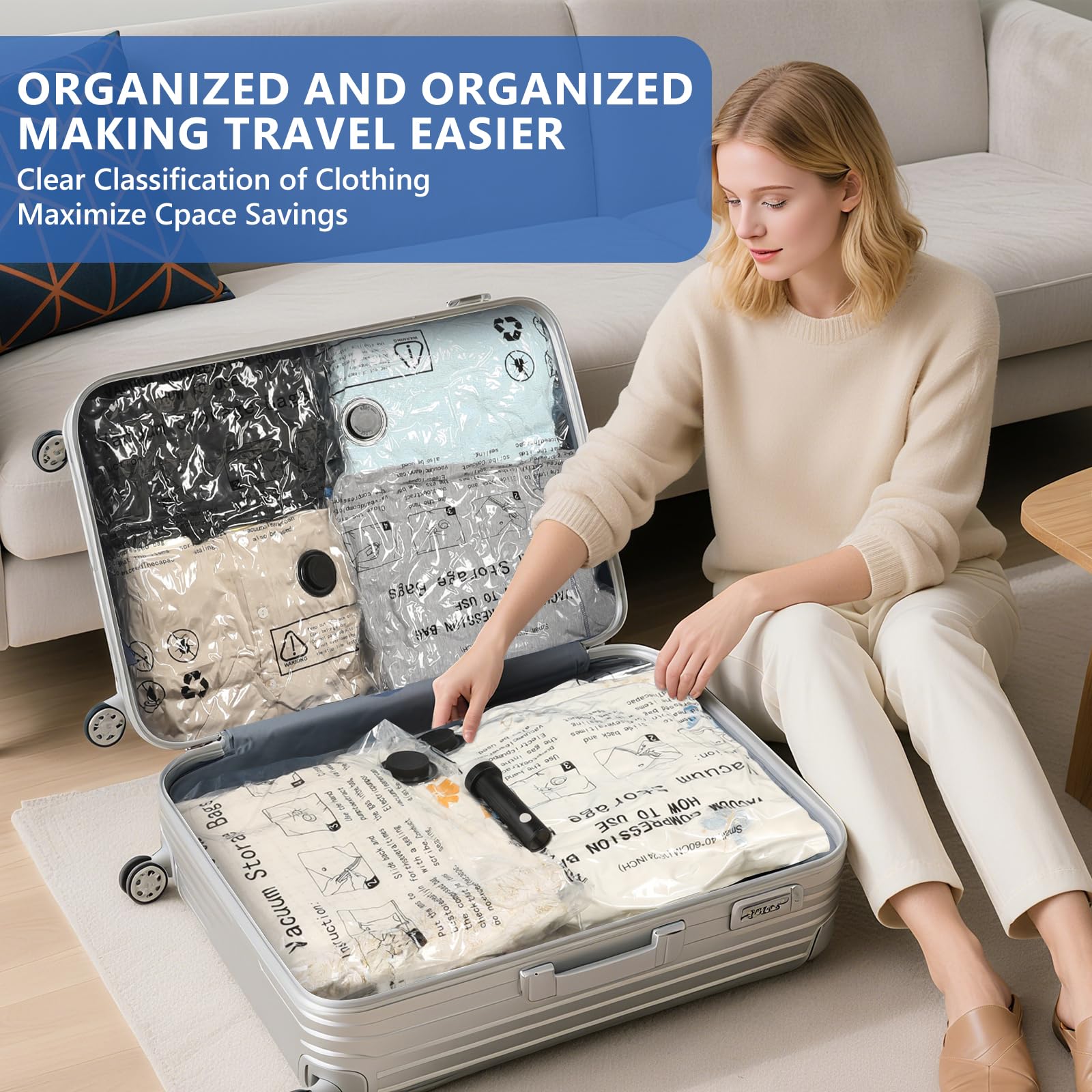 NESCCI in use travel setting demonstrating quick compression for vacation packing