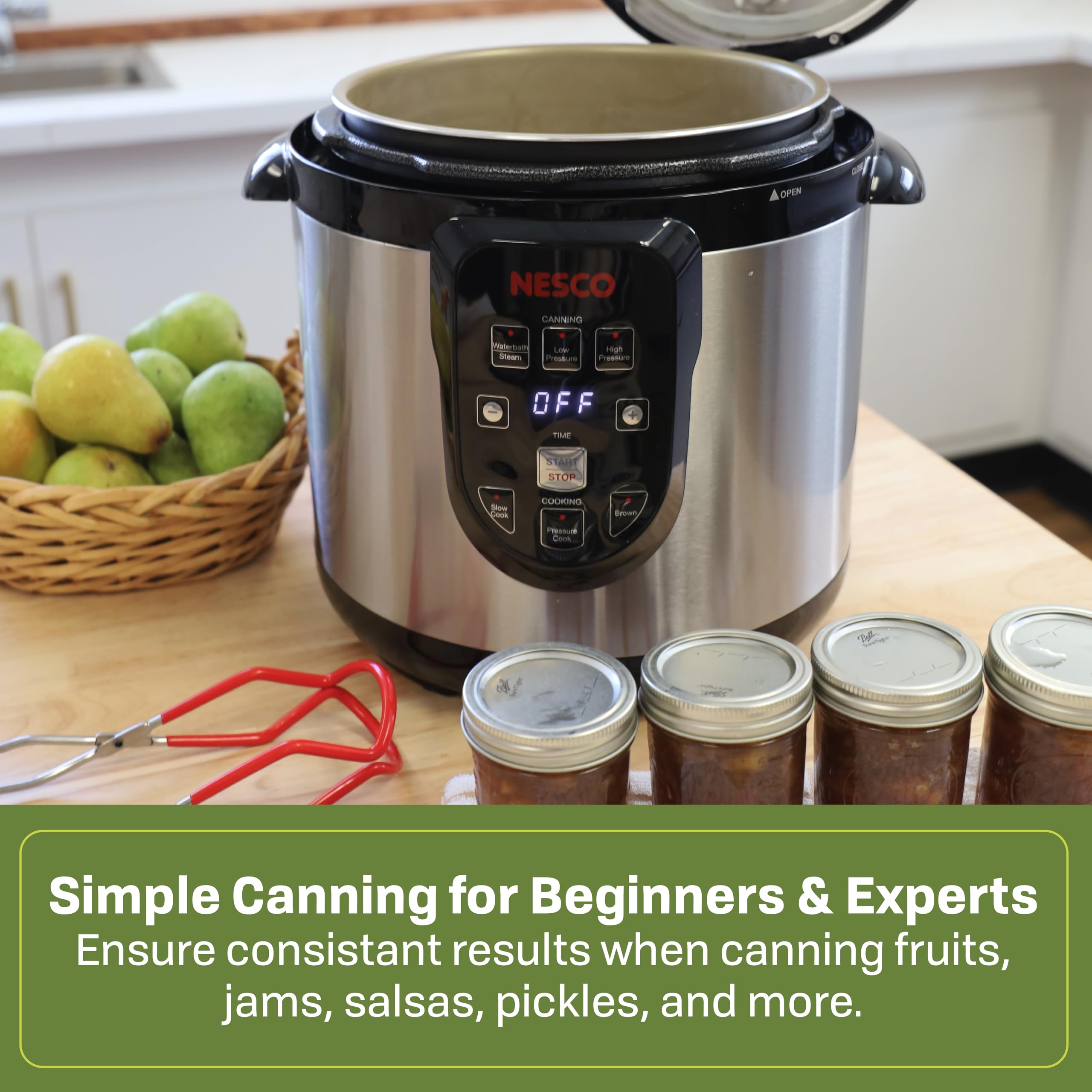 NESCO canning rack holding multiple jars inside NPC-9, demonstrates even heat circulation