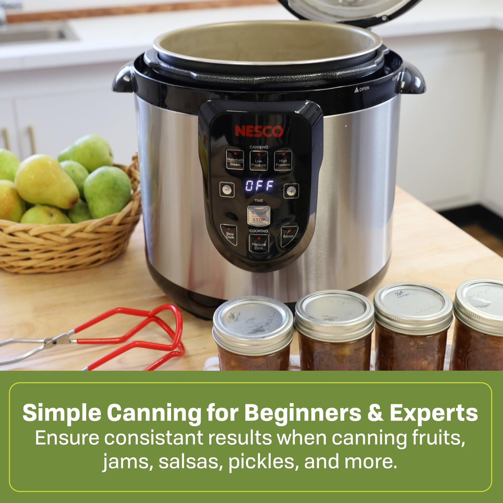 NESCO canning rack holding multiple jars inside NPC-9, demonstrates even heat circulation
