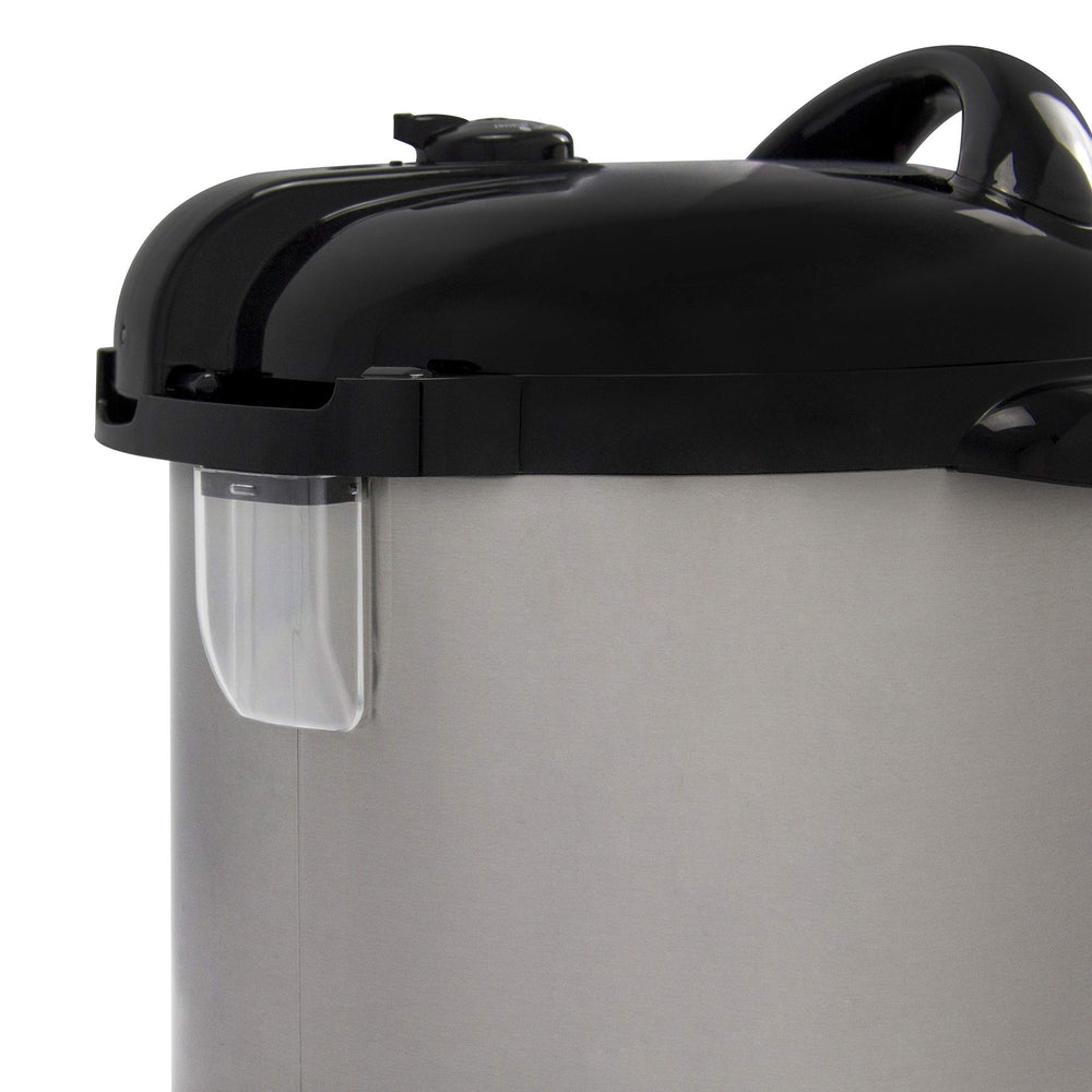 NESCO focus on locking lid and safety latch, emphasizes secure pressure sealing