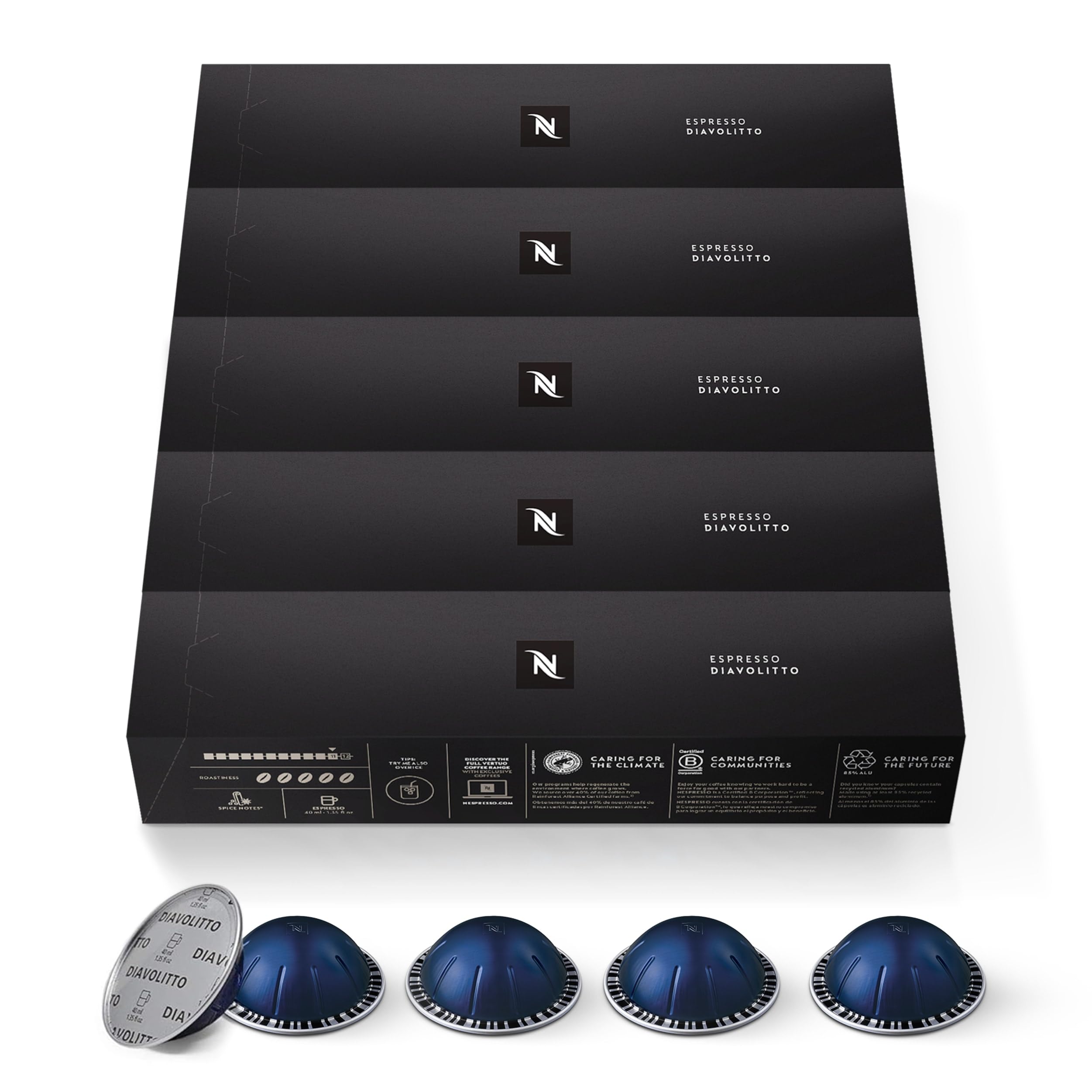 Close-up of a Nespresso Diavolitto pod emphasizing capsule detail and aroma
