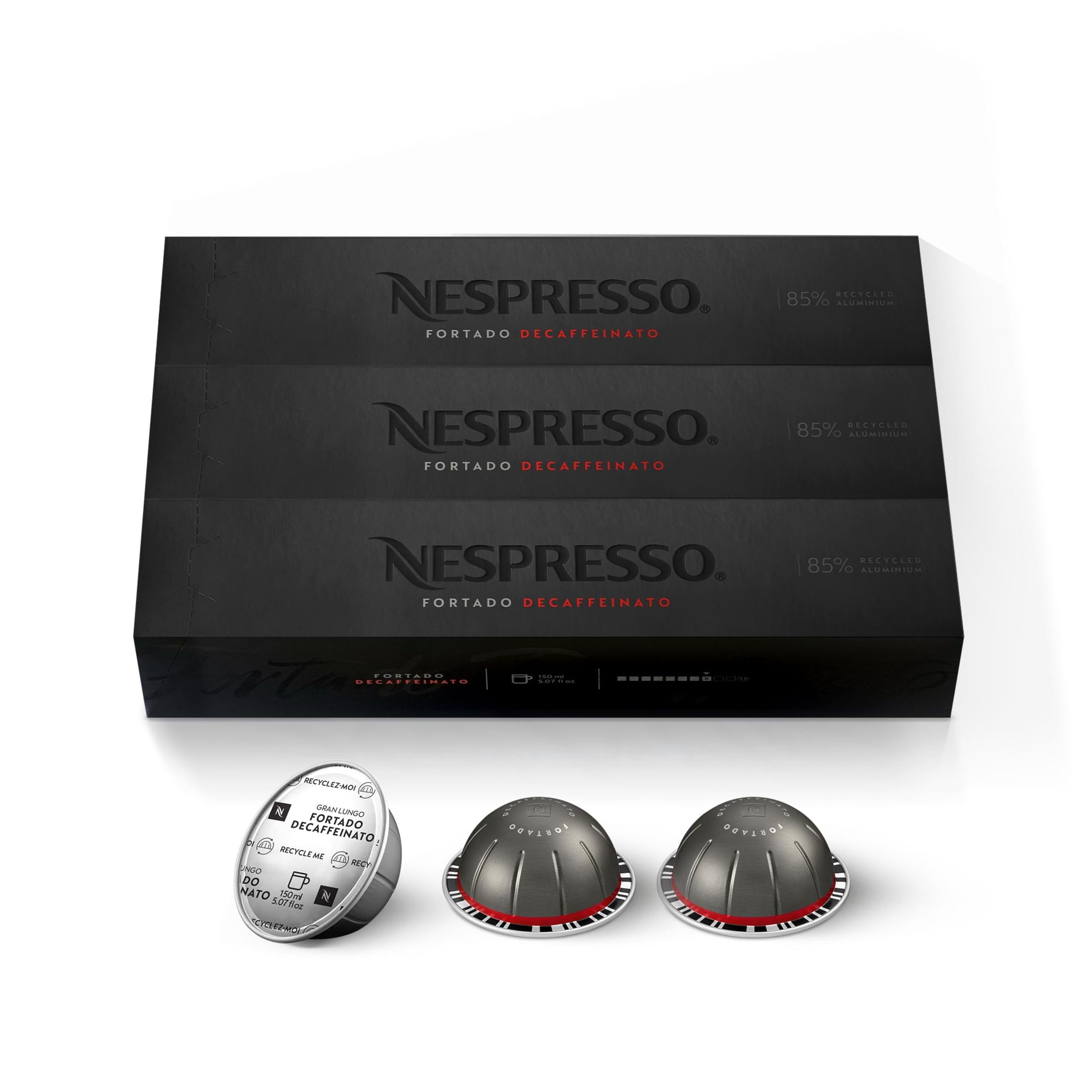 Nespresso Fortado Decaffeinato capsule close-up highlighting aluminum freshness seal and strength