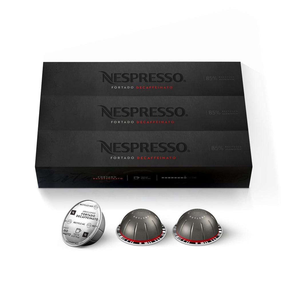Nespresso Fortado Decaffeinato capsule close-up highlighting aluminum freshness seal and strength