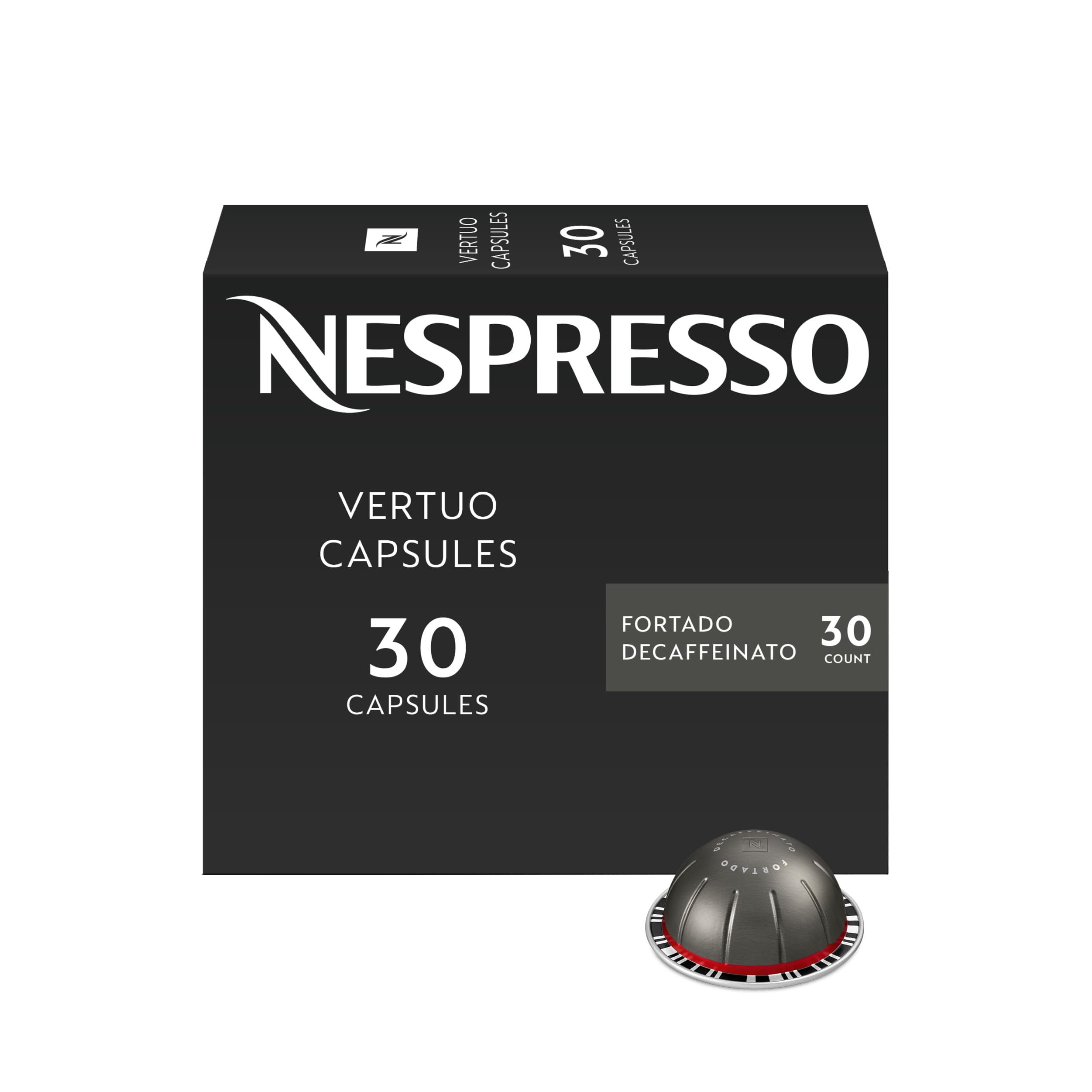 Nespresso Fortado Decaffeinato front packaging showing product and benefit of bold decaf taste