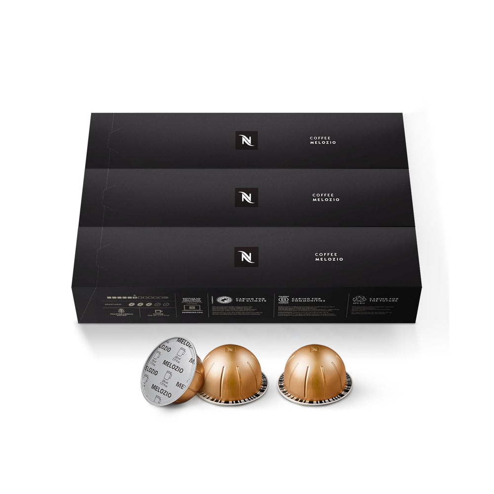 Nespresso Melozio capsule close-up highlighting aluminum seal for freshness