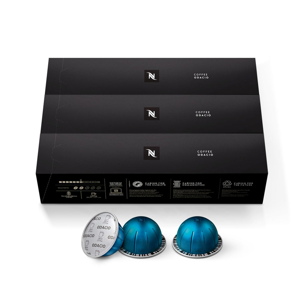 Nespresso Odacio capsule close-up highlighting aluminum freshness seal