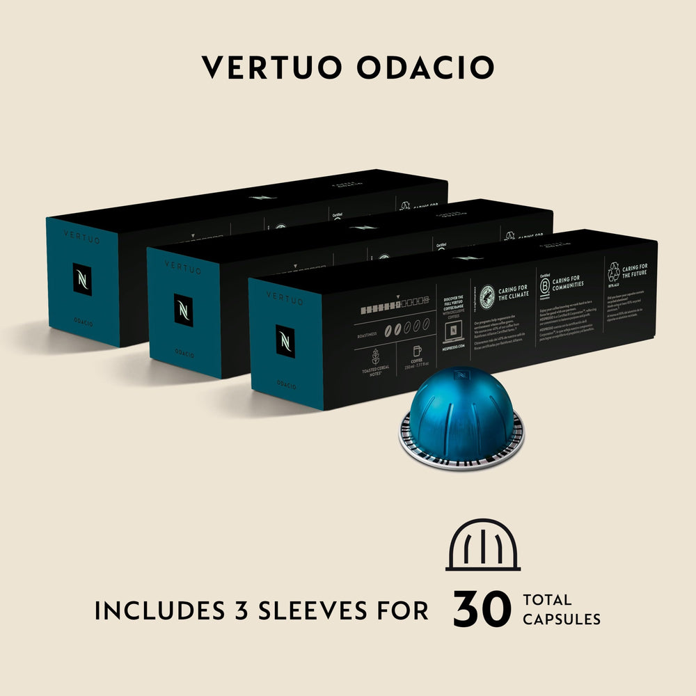 Nespresso Odacio cup next to pod illustrating 7.77 fl oz serving size