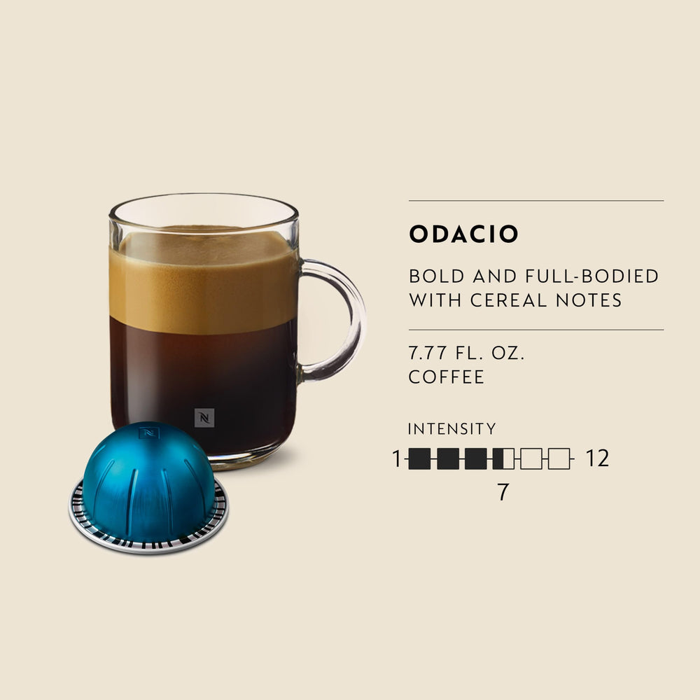 Nespresso Odacio coffee pouring from machine demonstrating rich crema