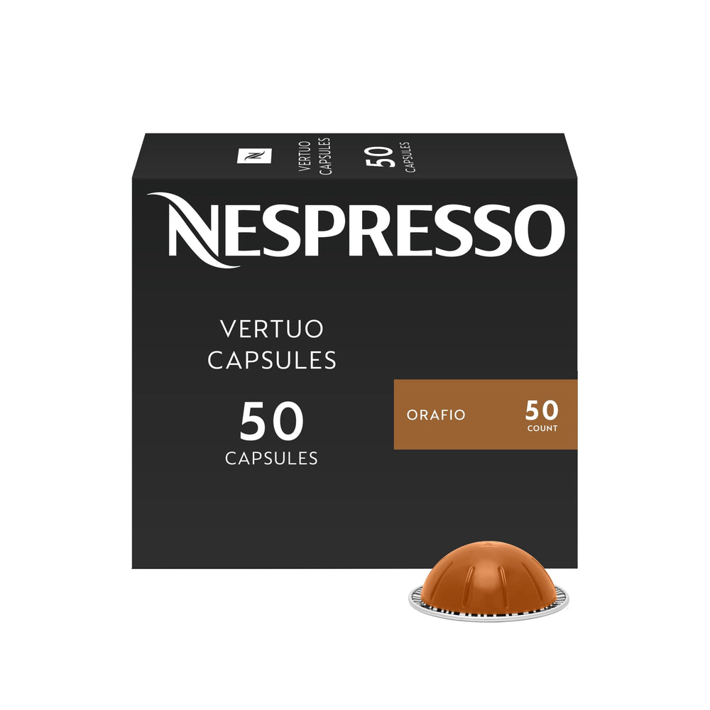Nespresso Orafio box front showing 50-count packaging and balanced flavor